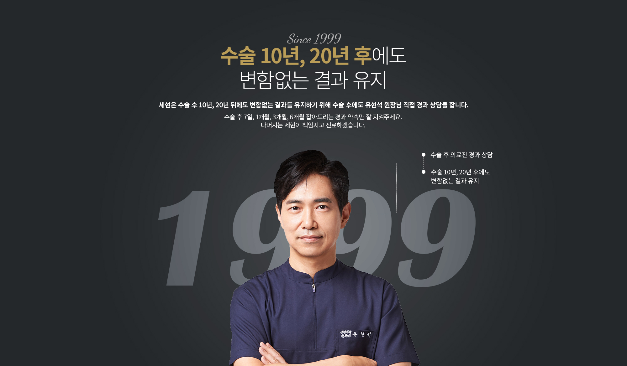 수술 10년, 20년 후에도 변함없는 결과 유지
		세현은 수술 후 10년, 20년 뒤에도 변함없는 결과를 유지하기 위해 
		수술 후에도 유현석 원장님 직접 경과 상담을 합니다.

		수술 후 7일, 1개월, 3개월, 6개월 잡아드리는 경과 약속만 잘 지켜주세요. 
		나머지는 세현이 책임지고 진료하겠습니다.