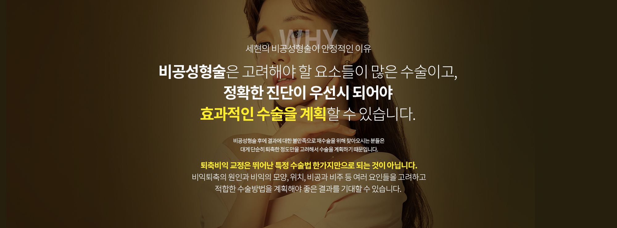 성공적인 비공성형술을 위해 고려해야 되는 항목
		1. 정면에서 볼 때 비익연의 정점 위치
		중앙에 가까운지 바깥쪽으로 위치하는지에 따라서 수술방법이 달라집니다. 

		2. 비익 조직의 발달 정도 ( 단단한 정도 )
		피부, 연골의 복합이식을 판단하는 데 중요합니다.

		3. 퇴축비익의 경계선 아치의 형태
		아치가 뾰족한지 부드러운지를 판단합니다. 

		4. 비주의 위치와 크기 
		비주의 길이, 비주의 폭, 퇴축비익의 정점 위치 등을 고려합니다. 

		5. 비공의 크기
		콧구멍의 크기가 적절한지, 용코의 형태를 띠고 있는지를 판단합니다. 

		6. 코끝의 높이와 각도
		코끝을 얼마나 높여주는지, 전체적인 코 모양과 함께 고려합니다. 

		7. 짧고 들린 코의 경우 
		들린 코 교정이 잘못되면 퇴축비익이 더 심하게 될 수 있어 적절한 수술계획이 필요합니다. 

		8. 재수술의 경우
		잘못된 비익연골 수술로 인한 경우인지 판단이 필요합니다. 
		이때는 1차 수술 전 사진이 판단에 도움이 됩니다.